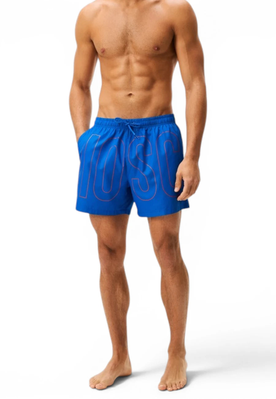 pantaloncino moschino blu scritta grande rossa